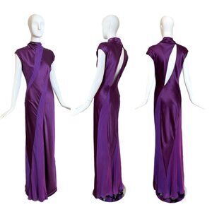DANES Vintage Purple Iridescent Silk Back Cut-Out Evening Gown Maxi Dress